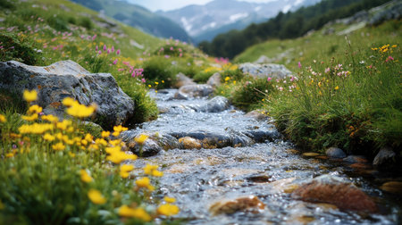 A bubbling brook in the Pyrenees, France, surrounded by wildflowers, with space for copy in the foregroundの素材