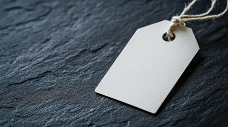A close-up of a blank price tag attached to a product, with a minimalistic background and plenty of copy space for text.の素材