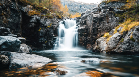 A picturesque waterfall flowing through a rocky landscape in Norway, with plenty of room for textの素材