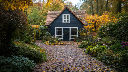 A picturesque garden house with a cobblestone path leading to it, with ample space for copyの素材