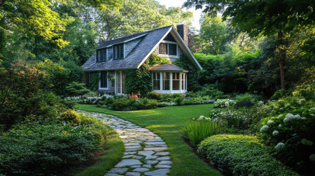 A picturesque garden house with a stone pathway, surrounded by greenery and ample space for copyの素材