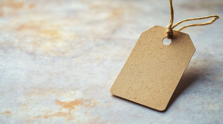 A close-up of a blank price tag attached to a product, with a minimalistic background and plenty of copy space for text.の素材