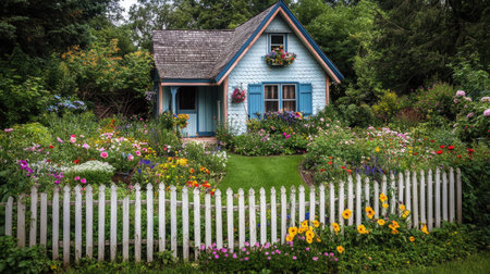 A quaint garden house with a picket fence, surrounded by flowers and open space for copyの素材