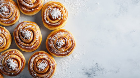 Top view of Swedish cinnamon buns with sugar, arranged with room for text on a clean backdrop.の素材