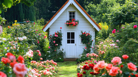 A cozy garden house surrounded by blooming roses, with clear space for your message in the gardenの素材