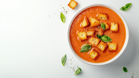 Top view of Spanish gazpacho with croutons, with ample copy space on a clean white background.の素材