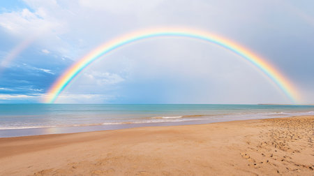 A rainbow arching over a quiet beach, with ample copy space in the sand and skyの素材