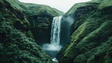 A powerful waterfall surrounded by lush greenery in Iceland, with clear space for your message in the skyの素材