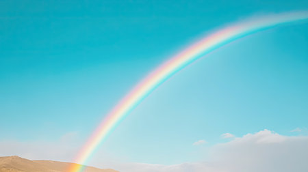 A rainbow stretching across a clear blue sky, with plenty of room for copy in the landscape belowの素材