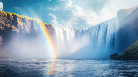 A rainbow appearing over a misty waterfall, with clear space for your message in the sceneの素材