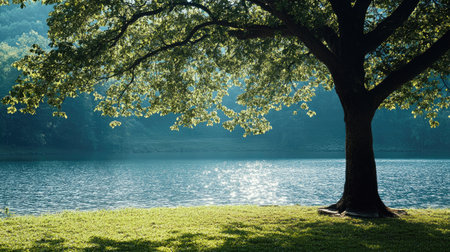 A large tree casting its shadow on a peaceful lake's edge, with space for textの素材