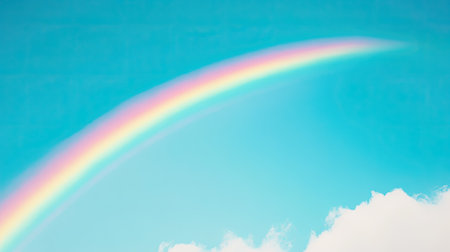 A rainbow stretching across a clear blue sky, with plenty of room for copy in the landscape belowの素材