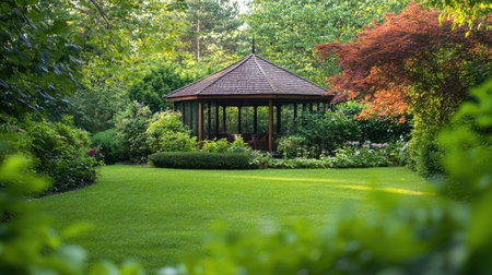 A serene garden house with a pergola, set in a lush garden with ample space for textの素材
