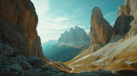 A serene view of the Dolomites in Italy, with dramatic cliffs and plenty of room for copyの素材
