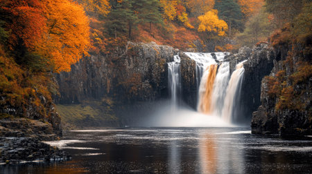 A serene waterfall surrounded by autumn foliage in Scotland, with ample space for text in the foregroundの素材
