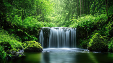 A tranquil waterfall in the Black Forest, Germany, with lush green surroundings and space for textの素材