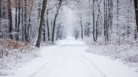 A snowy path leading through a winter forest, with plenty of space for textの素材