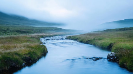 A tranquil stream in the Scottish Highlands, with rolling hills and mist, leaving ample room for textの素材