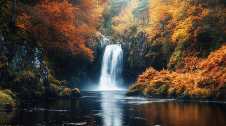 A serene waterfall surrounded by autumn foliage in Scotland, with ample space for text in the foregroundの素材
