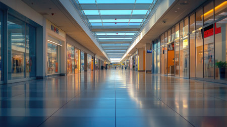 A vacant airport corridor lined with shops, clear signage, and an abundance of copy space for text or branding.の素材