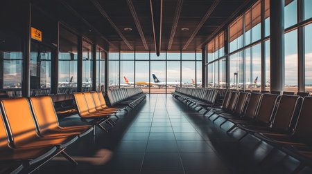 An empty airport terminal with rows of seats, large windows, and copy space, capturing the quiet ambiance before the rush.の素材