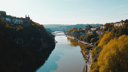 A view of the Clifton Suspension Bridge in Bristol, with open space for text in the foregroundの素材