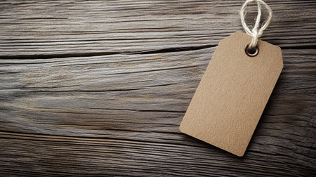 Empty price tag on a wooden surface, no text or numbers, surrounded by clean copy space for your message.の素材