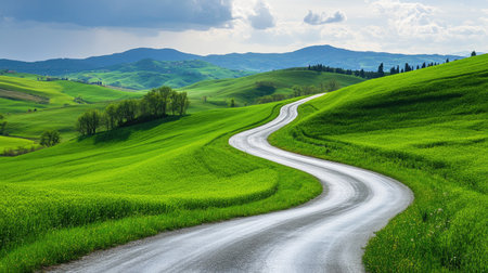 A winding road through the lush green hills of Tuscany, Italy, with copy space for textの素材