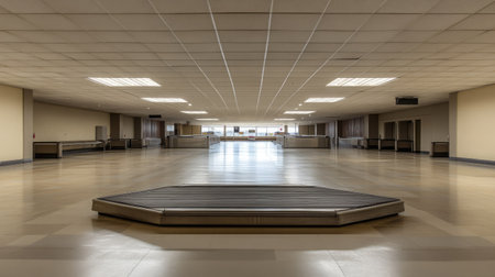 An empty baggage claim area with silent conveyor belts, ample copy space, and a serene atmosphere, devoid of people.の素材