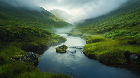A tranquil stream in the Scottish Highlands, with rolling hills and mist, leaving ample room for textの素材