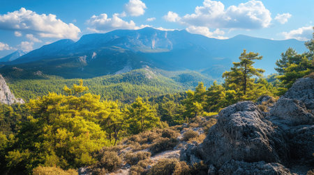 A tranquil view of Mount Olympus in Greece, with ancient forests and plenty of space for copyの素材