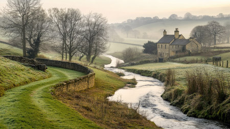 A winding stream in the idyllic Cotswolds, England, with rolling hills and plenty of room for copyの素材