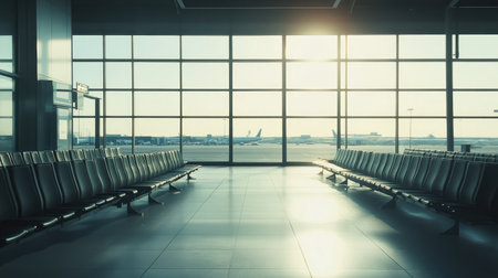 An empty airport terminal with rows of seats, large windows, and copy space, capturing the quiet ambiance before the rush.の素材