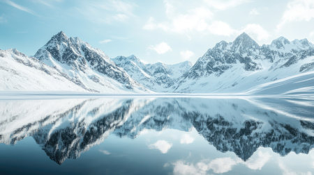 Snow-covered mountains reflected in a still lake, with clear space for your messageの素材