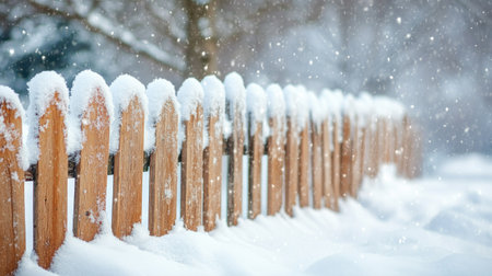 Fresh snow covering a wooden fence, with open space for text in the backgroundの素材