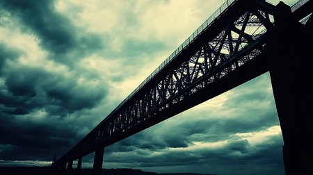 The Forth Bridge in Scotland, silhouetted against a cloudy sky, leaving space for your messageの素材