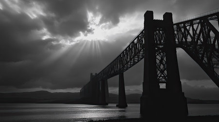 The Forth Bridge in Scotland, silhouetted against a cloudy sky, leaving space for your messageの素材