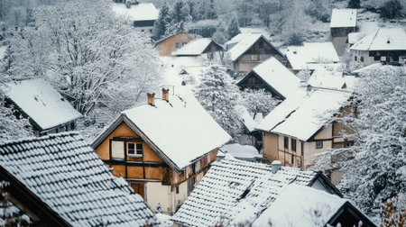 Snow-covered rooftops in a quiet village, with open space for text in the skyの素材
