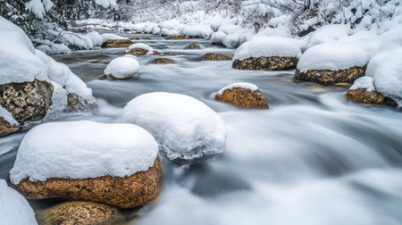 Snow-covered rocks along a riverbank, with ample room for copy in alongthe flowing waterの素材
