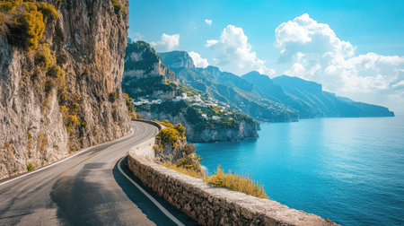 Serene coastal road in the Amalfi Coast, Italy, with dramatic cliffs and azure waters, offering ample copy spaceの素材