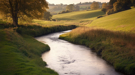 A winding stream in the idyllic Cotswolds, England, with rolling hills and plenty of room for copyの素材