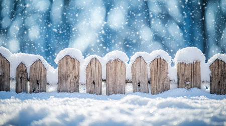 Fresh snow covering a wooden fence, with open space for text in the backgroundの素材