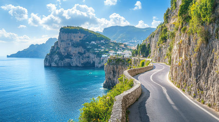 Serene coastal road in the Amalfi Coast, Italy, with dramatic cliffs and azure waters, offering ample copy spaceの素材