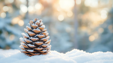 Frosty snow on a pine cone with a soft, blurred background, leaving room for copyの素材