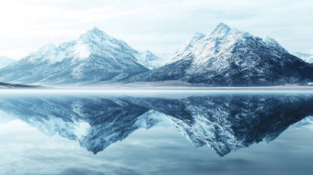 Snow-covered mountains reflected in a still lake, with clear space for your messageの素材