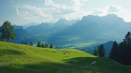 The picturesque Bavarian Alps in Germany, with rolling hills and ample space for textの素材