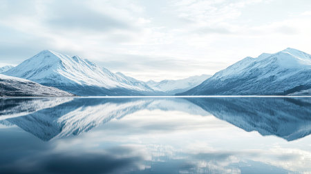 Snow-covered mountains reflected in a still lake, with clear space for your messageの素材