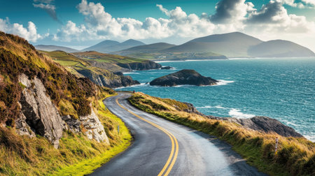 Scenic route along the Ring of Kerry, Ireland, with rolling hills and rugged landscapes, perfect for copy spaceの素材