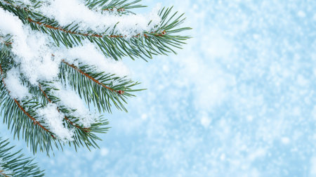 Freshly fallen snow on a pine tree, with clear space for text in the backgroundの素材