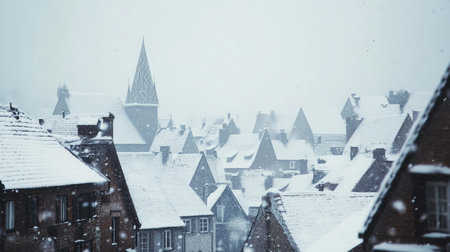 Snow-covered rooftops in a quiet village, with open space for text in the skyの素材